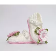 A356 Sapatinho Croche Para Bebe Feminino Branco Perola Flor