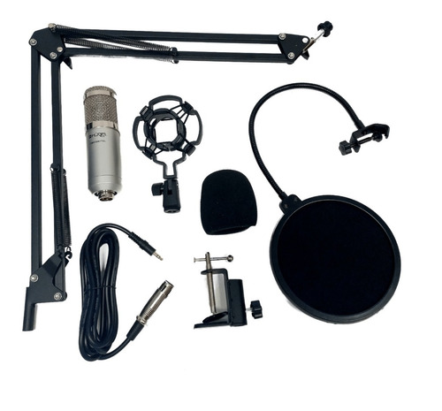 Kit Microfono Condenser Hügel Plateado Soporte Pop Filter