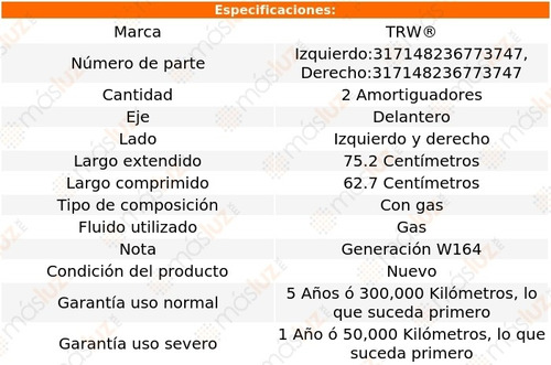 2- Amortiguadores Gas Delanteros Ml500 2006/2011 Trw Foto 2