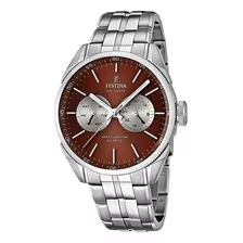 Reloj Festina F16630.6 Para Hombre Clasico Multifuncion Color De La Malla Plateado Color Del Bisel Plateado Color Del Fondo Marrón Oscuro