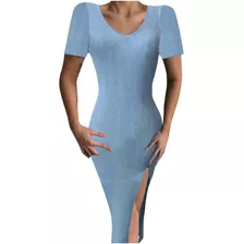 1d Vestido Mujer Color Sólido Manga Corta Tejido Spli 4102