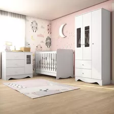 Quarto Bebê Completo 3pçs C/g.roupa E Berço Branco Brilho