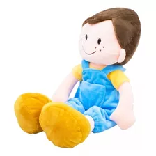 Boneco De Pano Menino Criança Sorridente Roupa Azul 29 Cm 