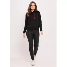 Blusa De Tricot Feminina De Capuz E Bolso Canguru - Preto