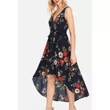 Vestido Floral / Floreado Azul Oscuro Largo De Atrás Talla M