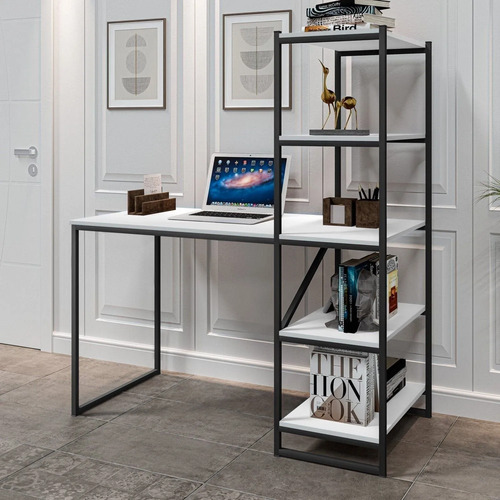 Escrivaninha Mesa Escritório Com Estante 130cm Home Office Branco