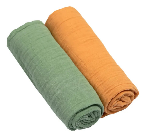 Kit 2 Fraldão Cueiro Swaddle Premium 100% Algodão 1,20m Bebe Cor Verde E Mostarda Liso