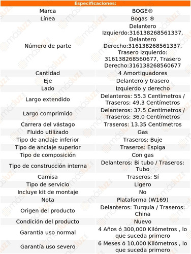 Kit 4 Amortiguadores Gas Mercedes-benz A190 05 Boge Bogas Foto 2