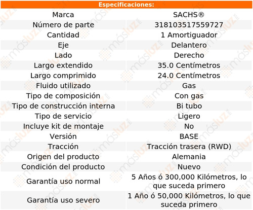 1- Amortiguador Gas Delantero Der 330i L6 3.0l Rwd 07 Sachs Foto 2