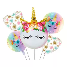 Set De Globos Mylar Unicornio Flor 5pcs Decoración Party