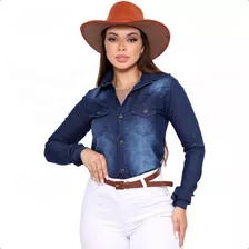 Camisa Jeans Feminina Manga Longa Rodeio Moda Country