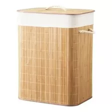 Cesto Roupas Sujas Bambu Retangular Forrado Banheiro E Lavanderia 60 Cm Com Alças E Tampa