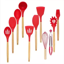 Kit Utensílios De Silicone Com Cabo De Madeira Jogo 11 Peças