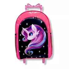 Mochila Unicornio Rodinhas Brilho Com Alcas Costas Pink