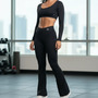 Conjunto Fitness Feminino Calça Flare E Top Manga Longa Preto P
