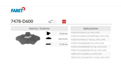 Balata Delantera De Disco Ford Thunderbird V8 4.6l 93-96 Foto 3