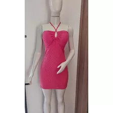 Vestido Tricô Perfeito No Corpo Forrado Curto Rosa Escuro.