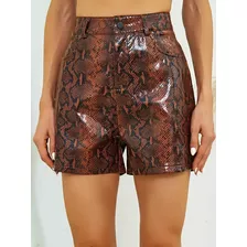 Shorts Pu Piel Vinipiel Con Estampado De Serpiente Café 