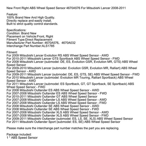 Sensor Abs Delantero Derecho Para Mitsubishi Lancer 2008-201 Foto 9