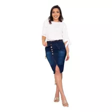 Saia Jeans Midi Com Botões E Fenda Lisa Cintura Alta