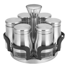 Porta Temperos 6 Potes Aço Inox Vidro C/ Suporte Giratório