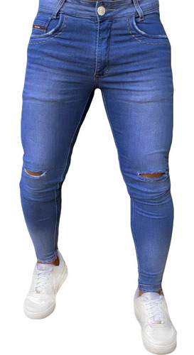 Calça Jeans Skinny Com Lycra Masculina Bordado Destroyed 