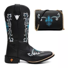 Bota Botina Texana Feminina Country Em Couro Flores + Bolsa