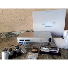 Ps2 Fat Satin Silver Lindo!!! Hd Interno Lotado, Controle Original, Caixa Zerada, Sony Playstation 2 Japones Prata Leitor 100% Com Manual