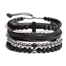 Kit C/ 4 Pulseiras Masculina Feminina Couro Pedra Terço Cruz