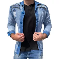 Jaqueta Jeans Destroyed Codi Slim Zíper No Ombro Premium