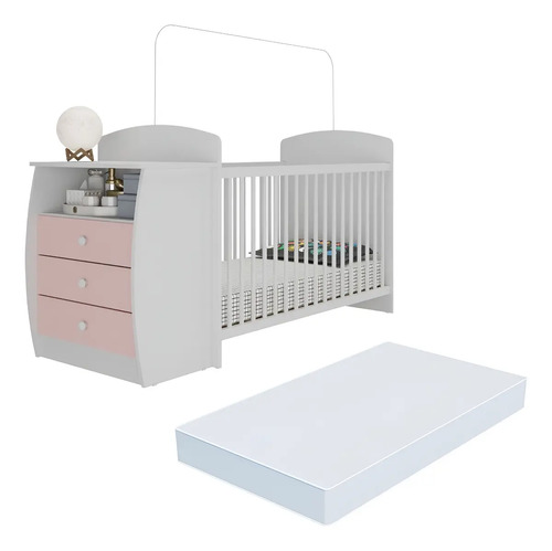 Berço Cômoda Com Colchão Incluso Colinho De Mãe Multimóveis Mp4304 Branco/rosa