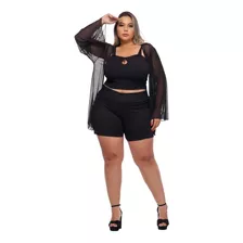  Plus Size 3 Peças , Short , Top E Kimono 