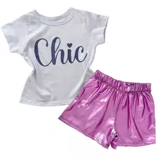 Conjunto Feminino Kids Camisa Estampada Com Short Metalizado