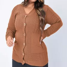 Casaco De Trico Senhora Com Bolso Plus Size Gg Inverno Malha