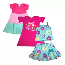 Kit 3 Peças Vestidos E Conjunto Fresco Passeio De 1 A 8 Anos