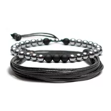 Kit 2 Pulseiras Masculina Fem Bracelete Couro Pedra Abs Fosc