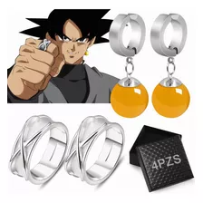 4pz Anillo De Súper Negro Goku+aretes Piedra De Ágata Fusión