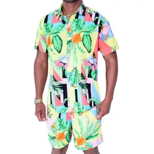 Conjunto Camisa Praia E Short Mauricinho Verão Estampado