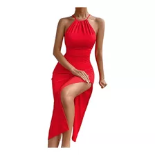 Vestido Midi Festa Fenda Vermelho Suplex Alça 