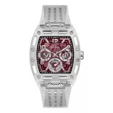 Reloj De Hombre Marca Guess Continental Color Negro Correa Transparente Bisel Transparente Fondo Rojo