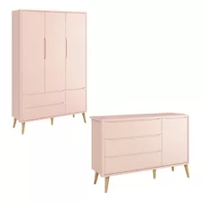 Jogo De Quarto Bebê Théo Retrô Rosa Natural 3 Portas