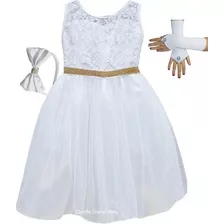 Vestido Infantil Branco Formatura Primeira Comunhão E Luvas