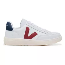 Tenis Vert V12 Branco Vermelho Marinho Em Couro Legitimo