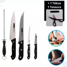 Jogo De Facas Inox Tesoura Chaira Tábua Kit 7 Peças Do Chef Cor Preto