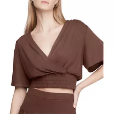 Blusa Decote V Manga Sino Em Malha Marrom Dzarm