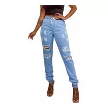 Calça Jeans Feminina Jogger Destroyed Rasgos Cintura Alta 