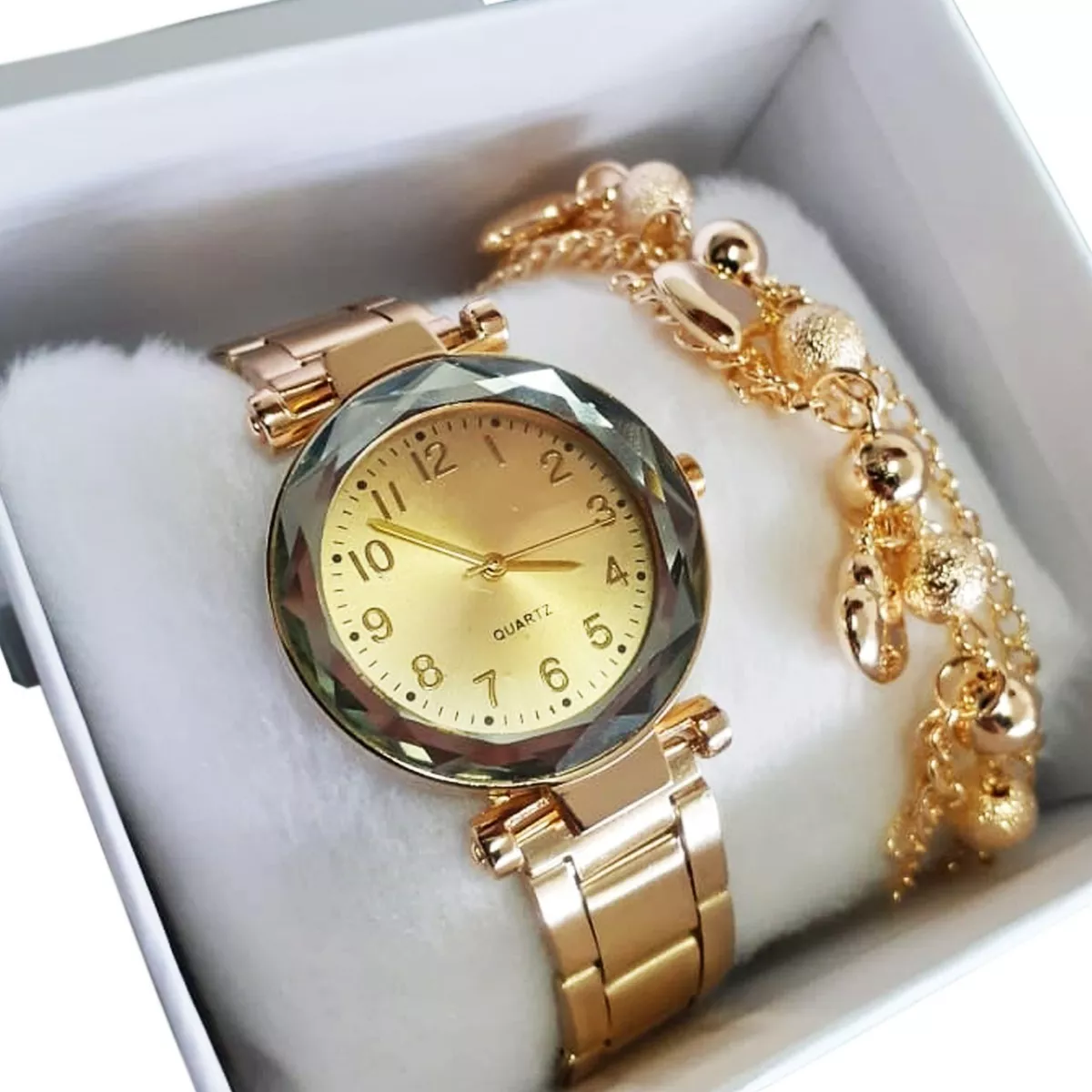 Relógio Feminino Dourado Pulseira Presente Dia Dos Namorados