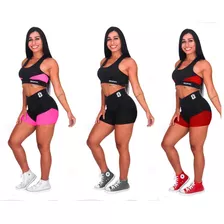 3 Conjunto Academia Fitness Feminino Top + Short Cos Alto