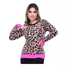 Blusa Feminina Tricot Frio Inverno Onça Neon Animal Print 