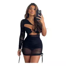 Vestido Tule Transparente Manga Longa Franzido Moda Gringa